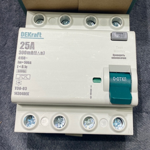 Трехфазное устройство защитного отключения 300мА тип А, 25А, ток КЗ 6кА, Декрафт