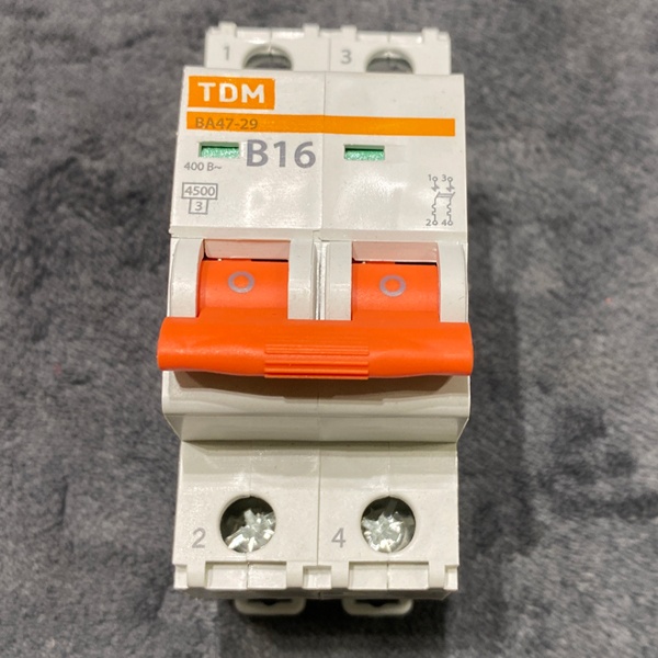 Двухполюсный электрический автомат ВА47-29 ТДМ, номинальный ток 16 ампер, с характеристикой B, 2 модуля