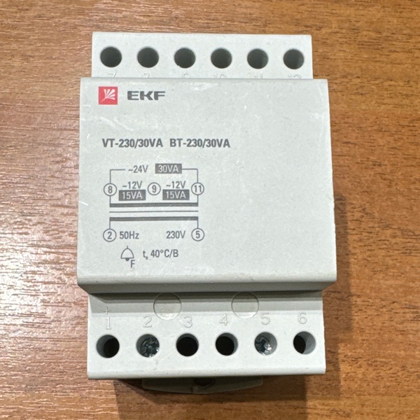Понижающий трансформатор на 12 Вольт мощностью 30 ВА для звонка, на DIN рейку, EKF