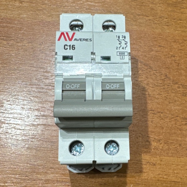Модульный электрический автомат переменного тока, двухполюсный на 16 Ампер с расцепителем типа С, коммутационная отключающая способность 6кА, ЕКФ Averes