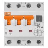 Дифференциальный автомат TDM 4П(3П+Н) C25А 300мА тип А трехфазный электронный 6кА АВДТ63 (дифавтомат, АВДТ)
