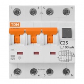 Дифференциальный автомат TDM 4П(3П+Н) C25А 100мА тип А трехфазный электронный 6кА АВДТ63 (дифавтомат, АВДТ)