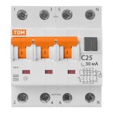 Дифференциальный автомат TDM 4П(3П+Н) C25А 30мА тип А трехфазный электронный 6кА АВДТ63 (дифавтомат, АВДТ)