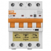 Дифференциальный автомат TDM АД4P 4Р С20А (30-100-300мА) тип АС трехфазный электронный 6кА АД4P (дифавтомат, АВДТ)