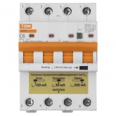 Дифференциальный автомат TDM АД4P 4Р С6А (30-100-300мА) тип АС трехфазный электронный 6кА АД4P (дифавтомат, АВДТ)