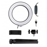 Лампа кольцевая светодиодная TDM 6W 2700-6400K, 16см, штатив настольный, диммер, USB,