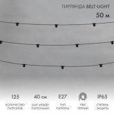 Гирлянда Белт-Лайт 2 жилы 50м шаг 40см 125 патронов E27 IP65 черный круглый провод