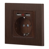 Розетка Intro Accent 2P+E Schuko со шторками 16А-250В + 2хUSB IP20 венге 6-410-10