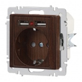 Розетка Intro Accent 2P+E Schuko со шторками 16А-250В + 2хUSB IP20 венге 6-410-10