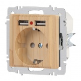 Розетка Intro Accent 2P+E Schuko со шторками 16А-250В + 2хUSB IP20 сосна 6-410-11