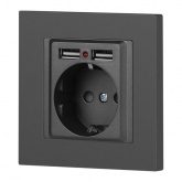 Розетка Intro Accent 2P+E Schuko со шторками 16А-250В + 2хUSB IP20 графит 6-410-07