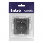 Розетка Intro Accent 2P+E Schuko со шторками 16А-250В + 2хUSB IP20 графит 6-410-07