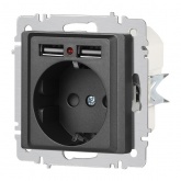 Розетка Intro Accent 2P+E Schuko со шторками 16А-250В + 2хUSB IP20 графит 6-410-07