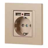 Розетка Intro Accent 2P+E Schuko со шторками 16А-250В + 2хUSB IP20 шампань 6-410-04