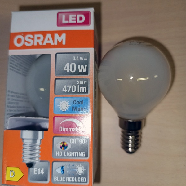 Диммируемая лампочка Осрам с нитевидными светодиодами, c цоколем E14, мощностью 3,4 Ватта, нейтральный белый свет, матовая колба