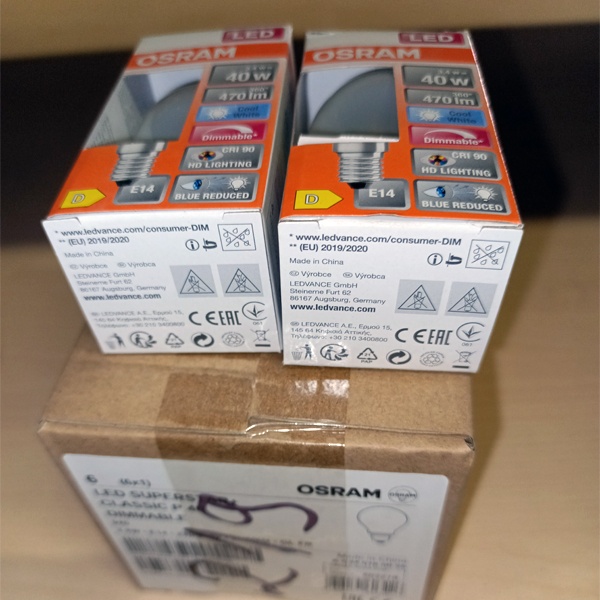 Диммируемая лампочка Осрам с нитевидными светодиодами, c цоколем E14, мощностью 3,4 Ватта, нейтральный белый свет, матовая колба