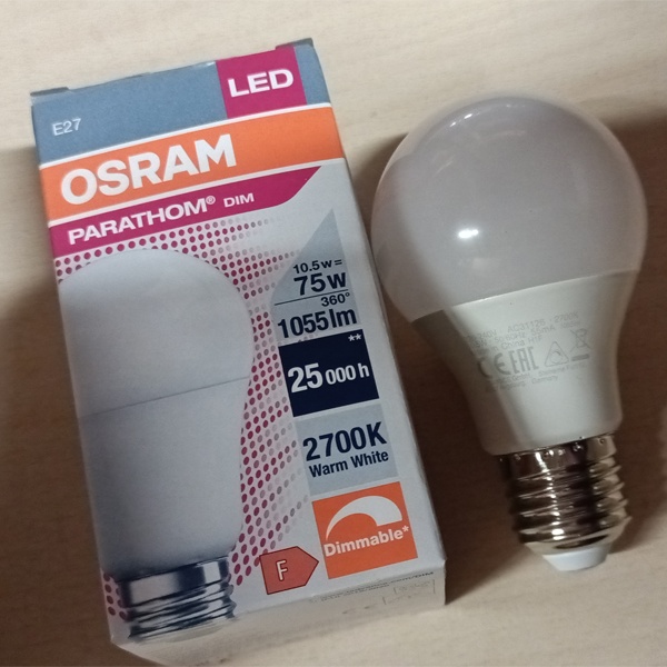 Энергосберегающая диммируемая LED лампочка Груша с цоколем E27, мощностью 10,5 Ватт, теплый свет, матовая колба