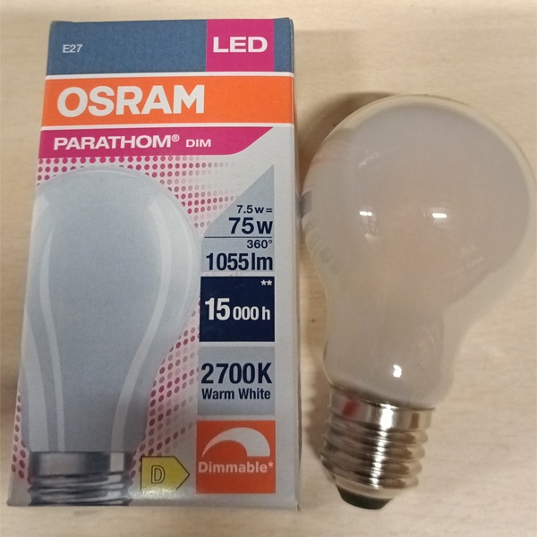 Энергосберегающая диммируемая LED лампочка с нитевидными светодиодами Груша с цоколем E27, мощностью 7,5 Ватт, теплый свет, матовая колба