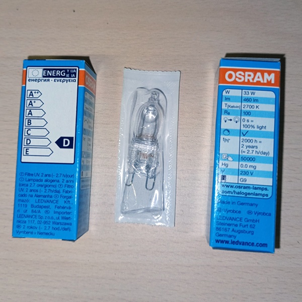 Галогенная лампа накаливания Osram мощностью 33 Ватта с цоколем G9 на 220 Вольт