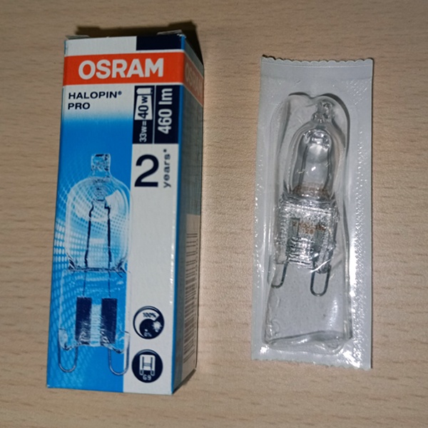 Галогенная лампа накаливания Osram мощностью 33 Ватта с цоколем G9 на 220 Вольт