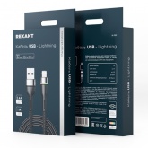 Кабель Rexant USB-A – Lightning для Apple 2,4А, 1м, в черной нейлоновой оплетке, с LED подсветкой
