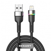 Кабель Rexant USB-A – Lightning для Apple 2,4А, 1м, в черной нейлоновой оплетке, с LED подсветкой
