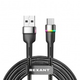 Кабель Rexant USB-A – USB Type-C, 3А, 18Вт, 1м, в черной нейлоновой оплетке, с LED подсветкой
