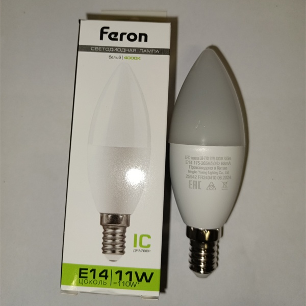 Светодиодная лампочка формы свеча Ферон, мощностью 11 Ватт, с цоколем E14, нейтральный белый свет, матовая колба