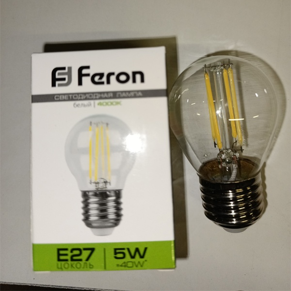 Лампа филаментная светодиодная LB-61 шарик Feron 5W 4000K 230V 530lm E27 4LED filament белый свет.