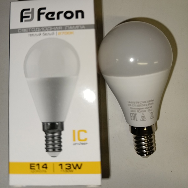 Светодиодная лампочка шарик Ферон, мощностью 13 Ватт, с цоколем E14, нейтральный белый свет
