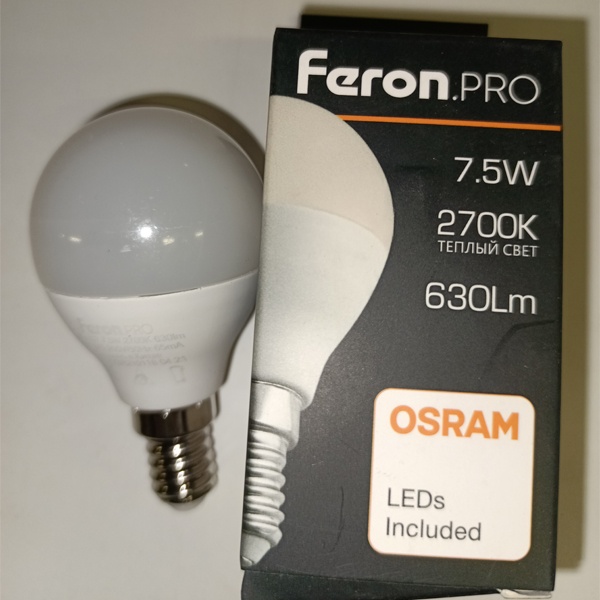 Светодиодная лампочка шарик Ферон, мощностью 7,5 Ватт, с цоколем E14, теплый свет, матовая колба