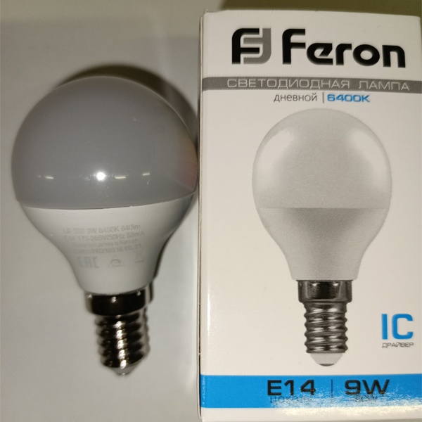 Светодиодная лампочка шарик Ферон LB-550 E14 9 Вт, холодный свет