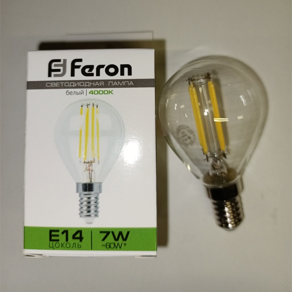 Филаментная лампочка шарик Ферон LB-52 E14 7 Вт, белый свет