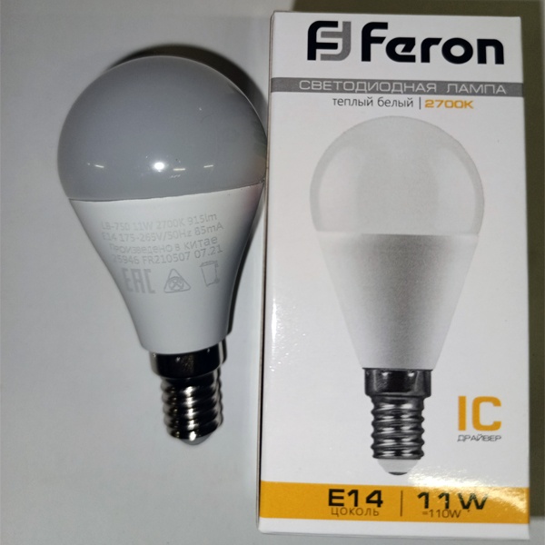 Светодиодная лампочка шарик Ферон, мощностью 11 Ватт, с цоколем E14, теплый свет