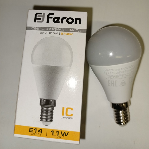 Светодиодная лампочка шарик Ферон, мощностью 11 Ватт, с цоколем E14, теплый свет