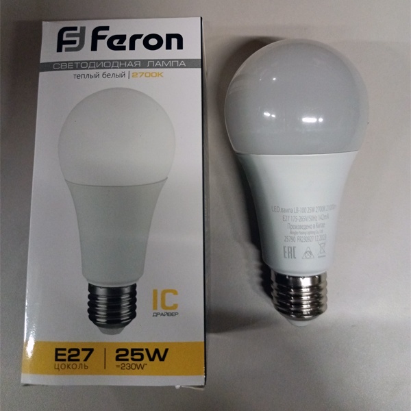 Лампа светодиодная Груша Feron LB-100 A65 мощностью 25 Вт с цоколем E27 теплый свет