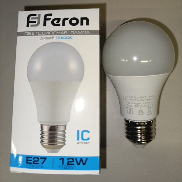 Лампа светодиодная Груша Feron LB-93 A60 мощностью 12 Вт с цоколем E27 холодный свет