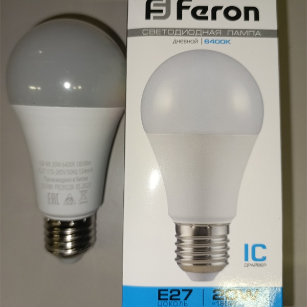 Светодиодная лампочка формы груша Ферон LB-98, 20 Вт, холодный дневной свет
