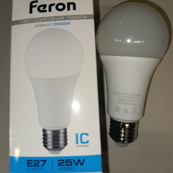 Лампа светодиодная Груша Feron LB-100 A65 мощностью 25 Вт с цоколем E27 холодный свет