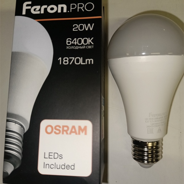 Энергосберегающая LED лампа Груша мощностью 20 Вт с цоколем E27 холодного света