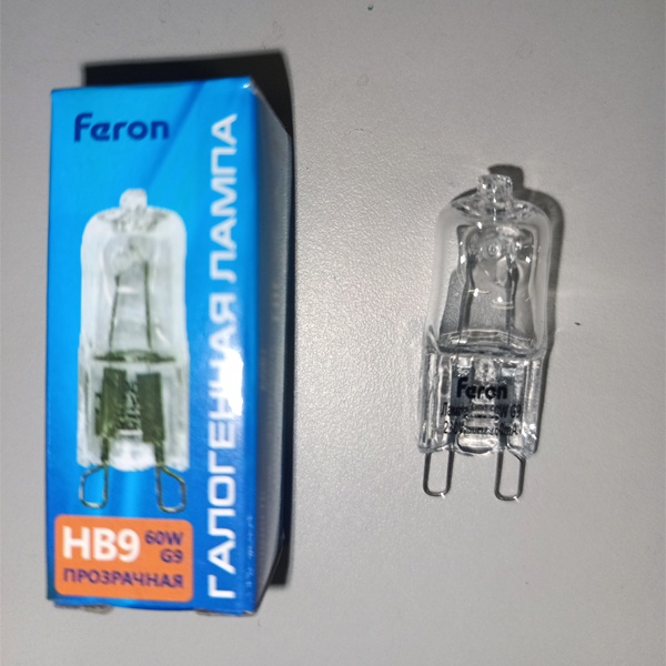 Галогенная капсульная прозрачная лампочка Ферон с цоколем G9, мощностью 60 Ватт