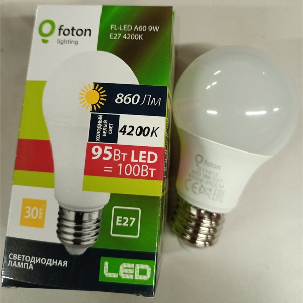 Светодиодная энергосберегающая лампа Груша FL-LED A60 мощностью 9 Вт с цоколем E27 белый свет