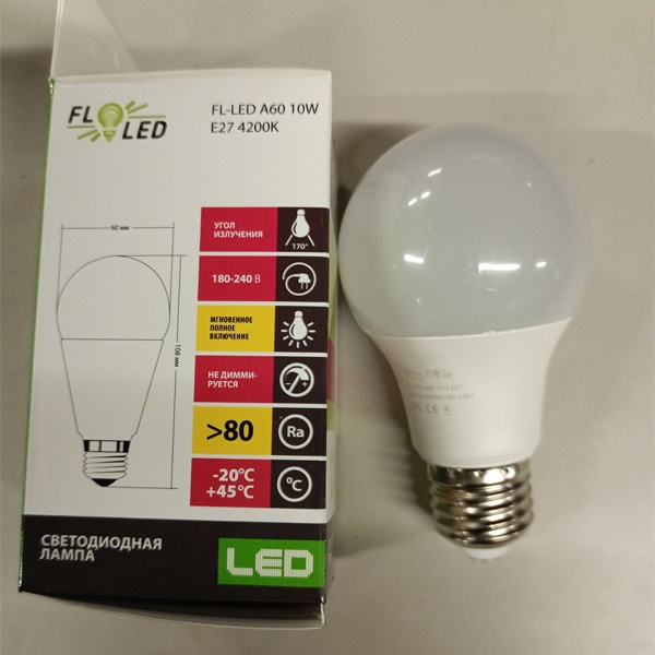 Светодиодная энергосберегающая лампа Груша FL-LED A60 мощностью 10 Вт с цоколем E27 белый свет