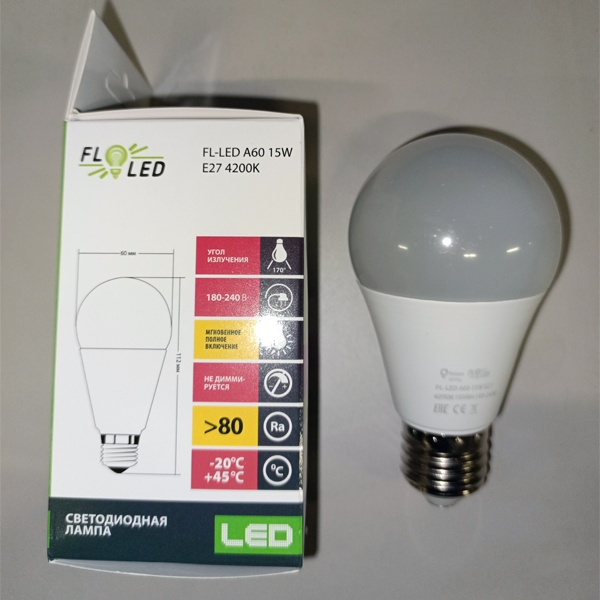 Светодиодная энергосберегающая лампа Груша FL-LED A60 мощностью 15 Вт с цоколем E27 белый свет