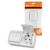 Блок TDM Селигер выключатель 1-клавишный + розетка 2П+З со шторками и крышкой IP54 белый