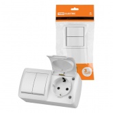 Блок TDM Селигер выключатель 2-клавишный + розетка 2П+З со шторками и крышкой IP54 белый