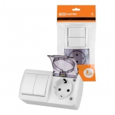 Блок TDM Селигер выключатель 2-клавишный + розетка 2П+З со шторками и прозрачной крышкой IP54 белый