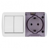 Блок TDM Селигер выключатель 2-клавишный + розетка 2П+З со шторками и прозрачной крышкой IP54 белый