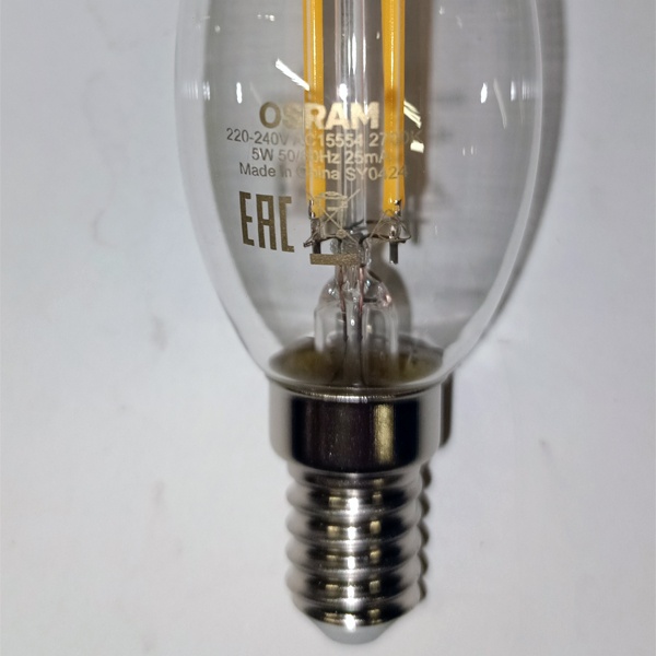 Диммируемая филаментная лампочка свеча Осрам LED SCL B, мощностью 5 Ватт, с цоколем E14 теплый белый свет