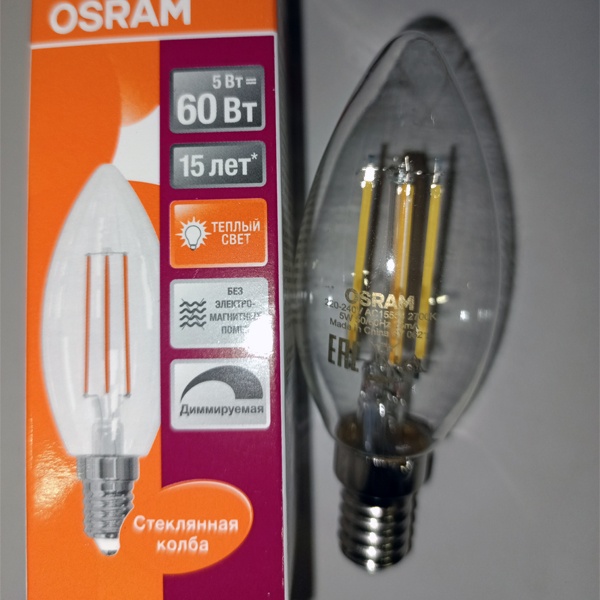 Диммируемая филаментная лампочка свеча Осрам LED SCL B, мощностью 5 Ватт, с цоколем E14 теплый белый свет